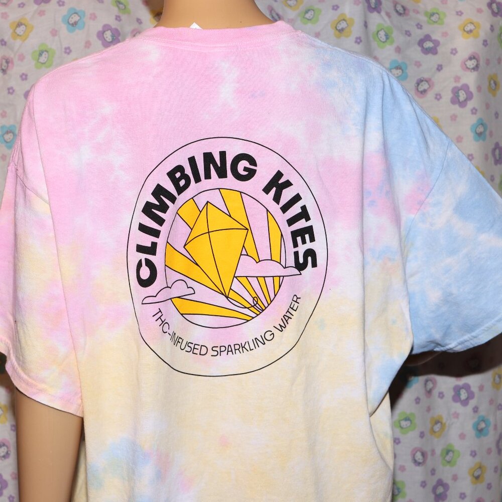Climbing Kites THC-INFUSED Sparkling water pastel Tie dye hippie shirt XL